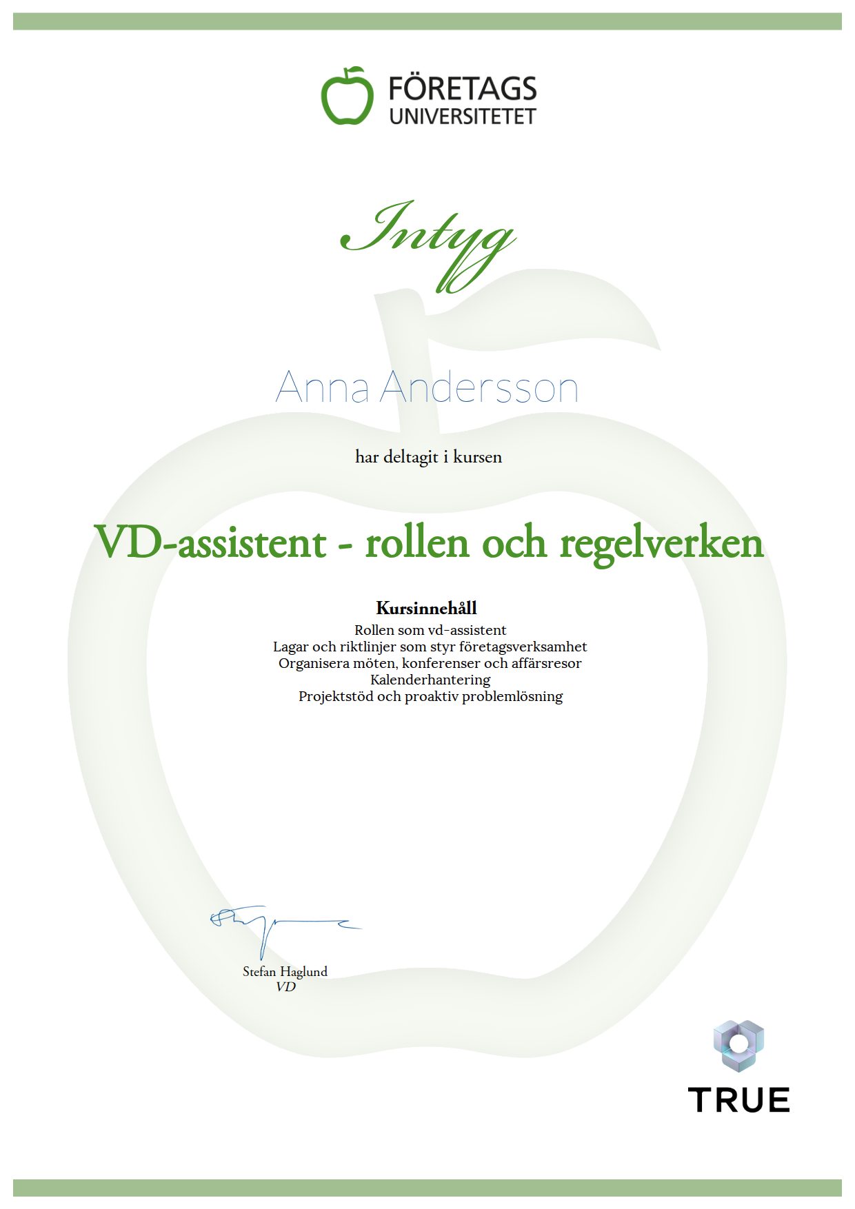 Exempel: diplom för VD-assistent - rollen och regelverken från Företagsuniversitetet