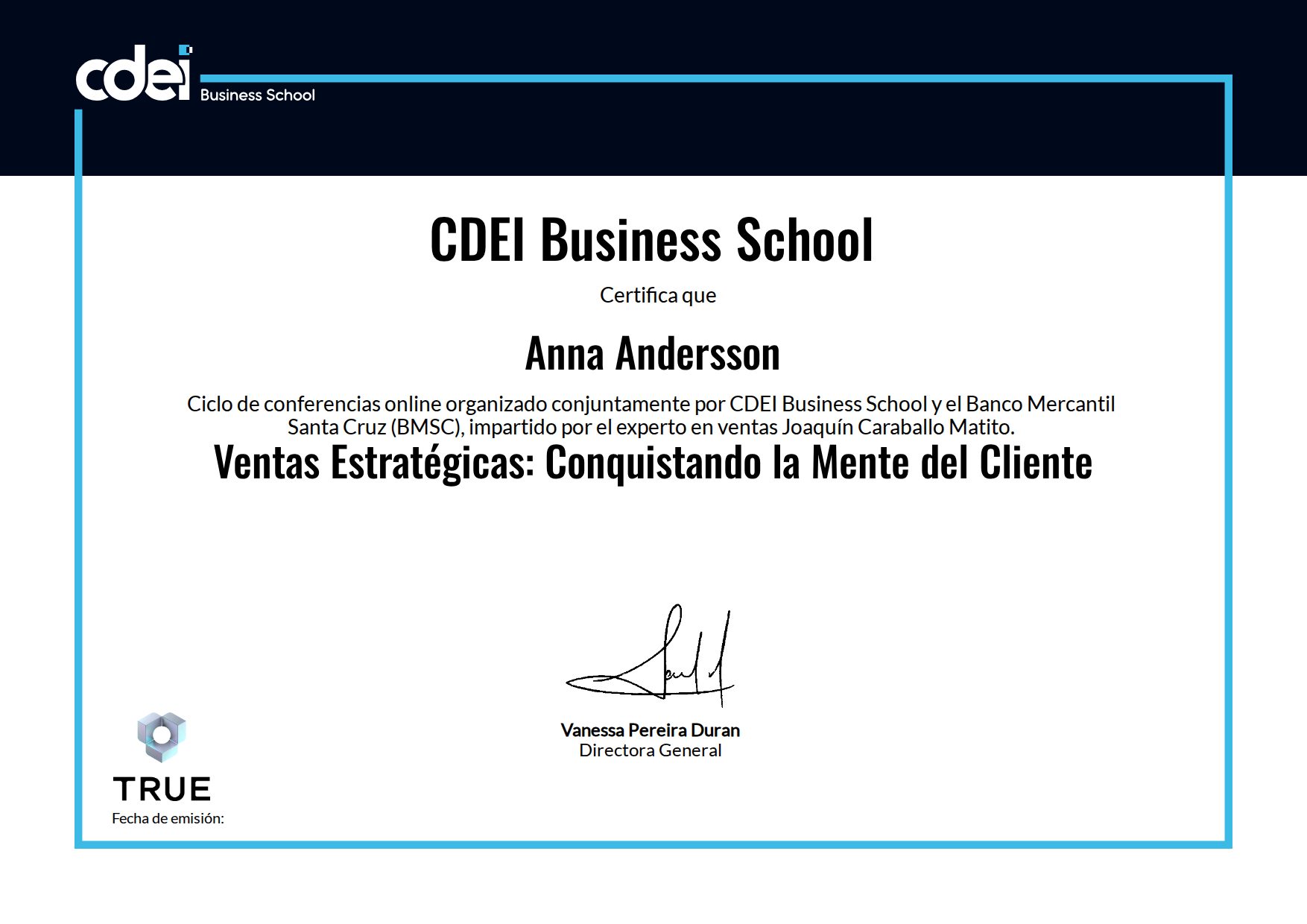 Example certificate for Ventas Estratégicas: Conquistando la Mente del Cliente from CDEI Business School