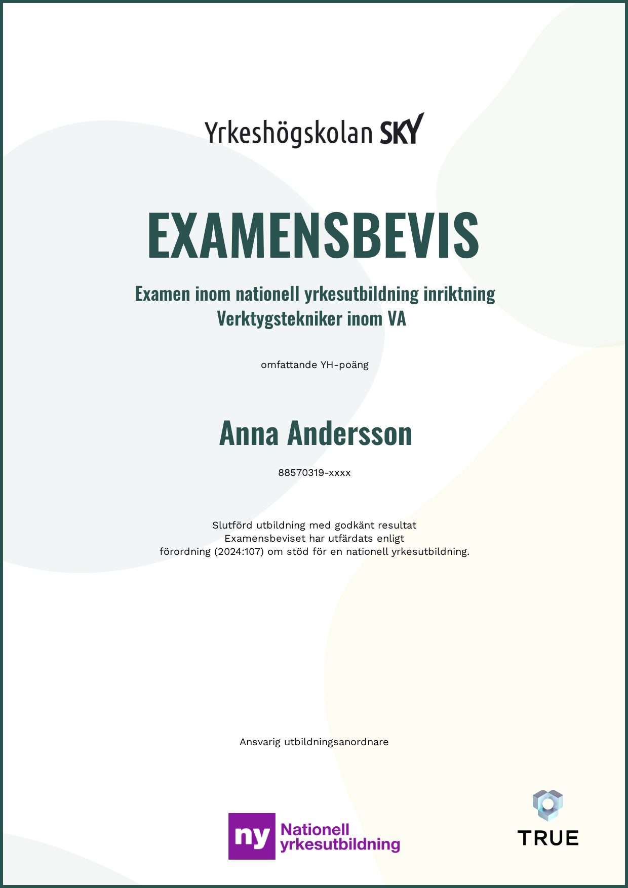 Exempel: diplom för Verktygstekniker inom VA från Yrkeshögskolan SKY