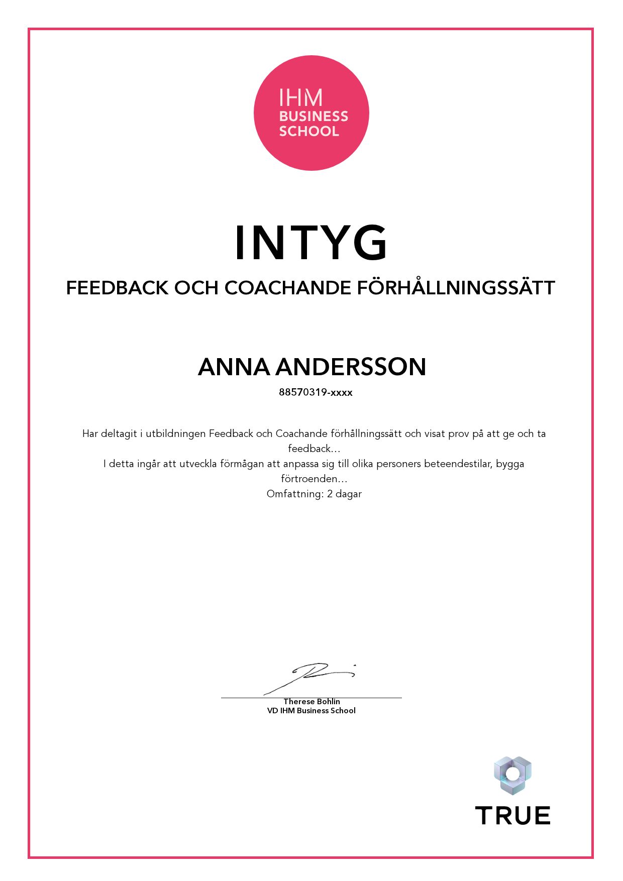 Example certificate for Feedback och coachande förhållningssätt from IHM Business School