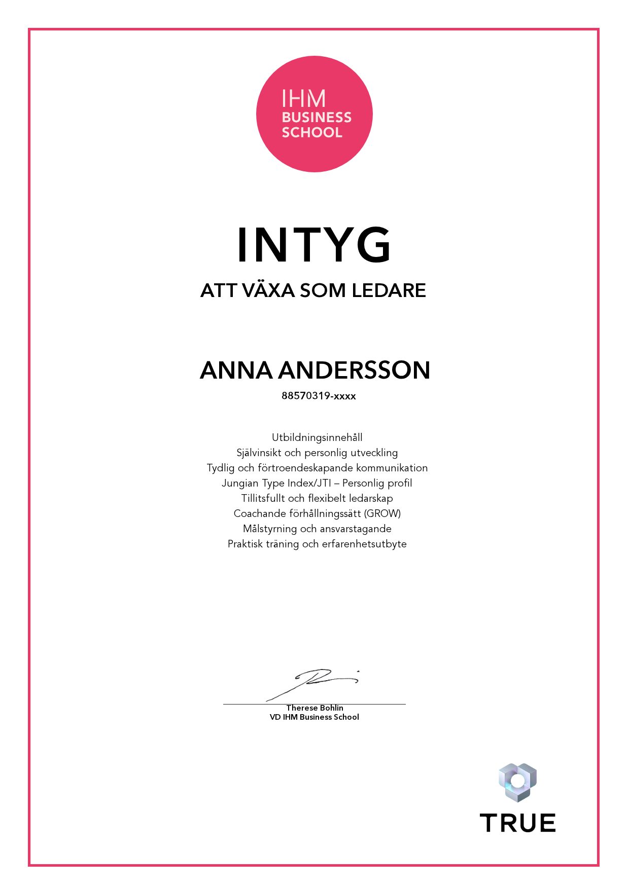 Exempel: diplom för Att växa som ledare från IHM Business School