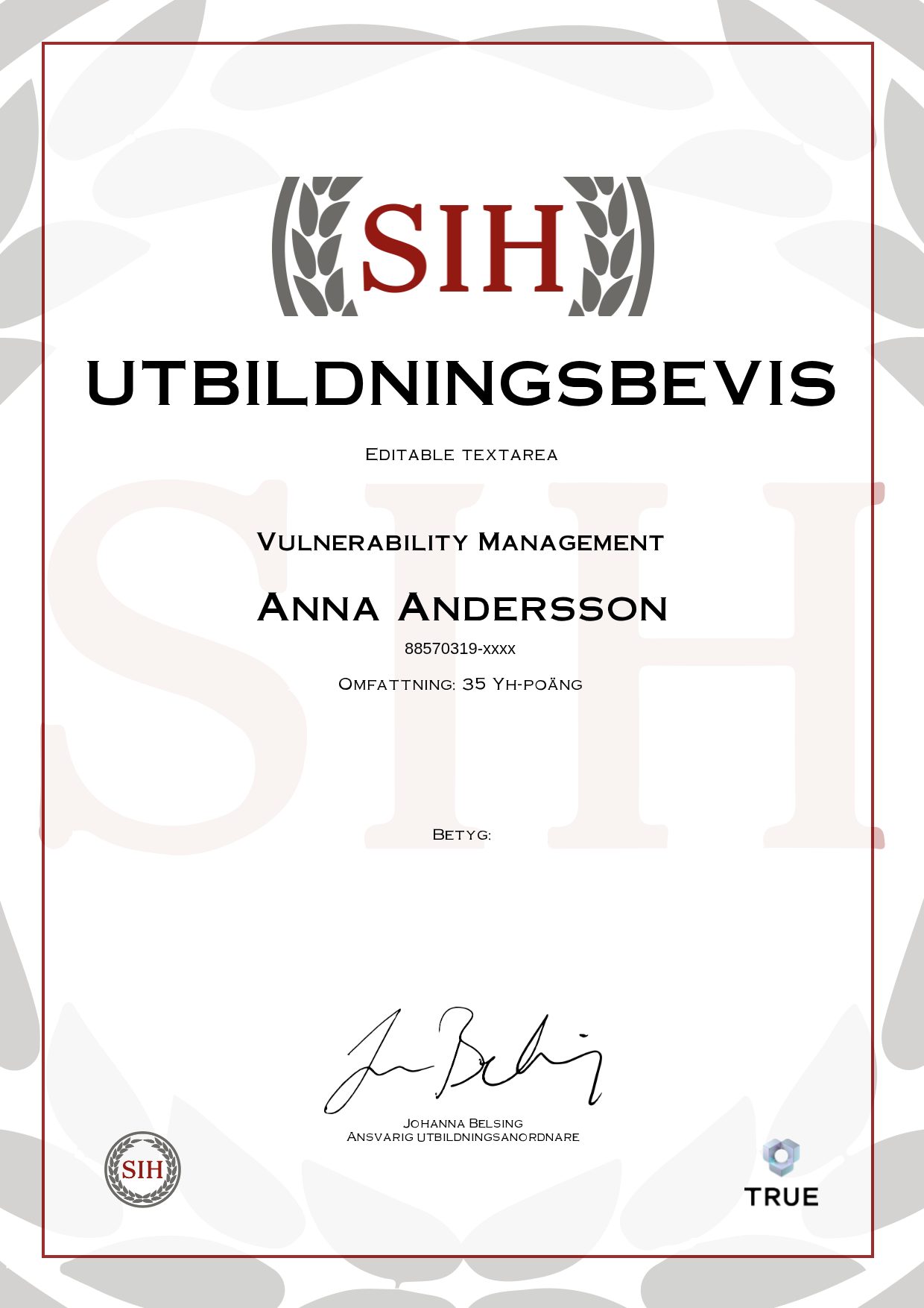 Example certificate for Vulnerability Management from SIH - Stockholms Internationella Handelsskola