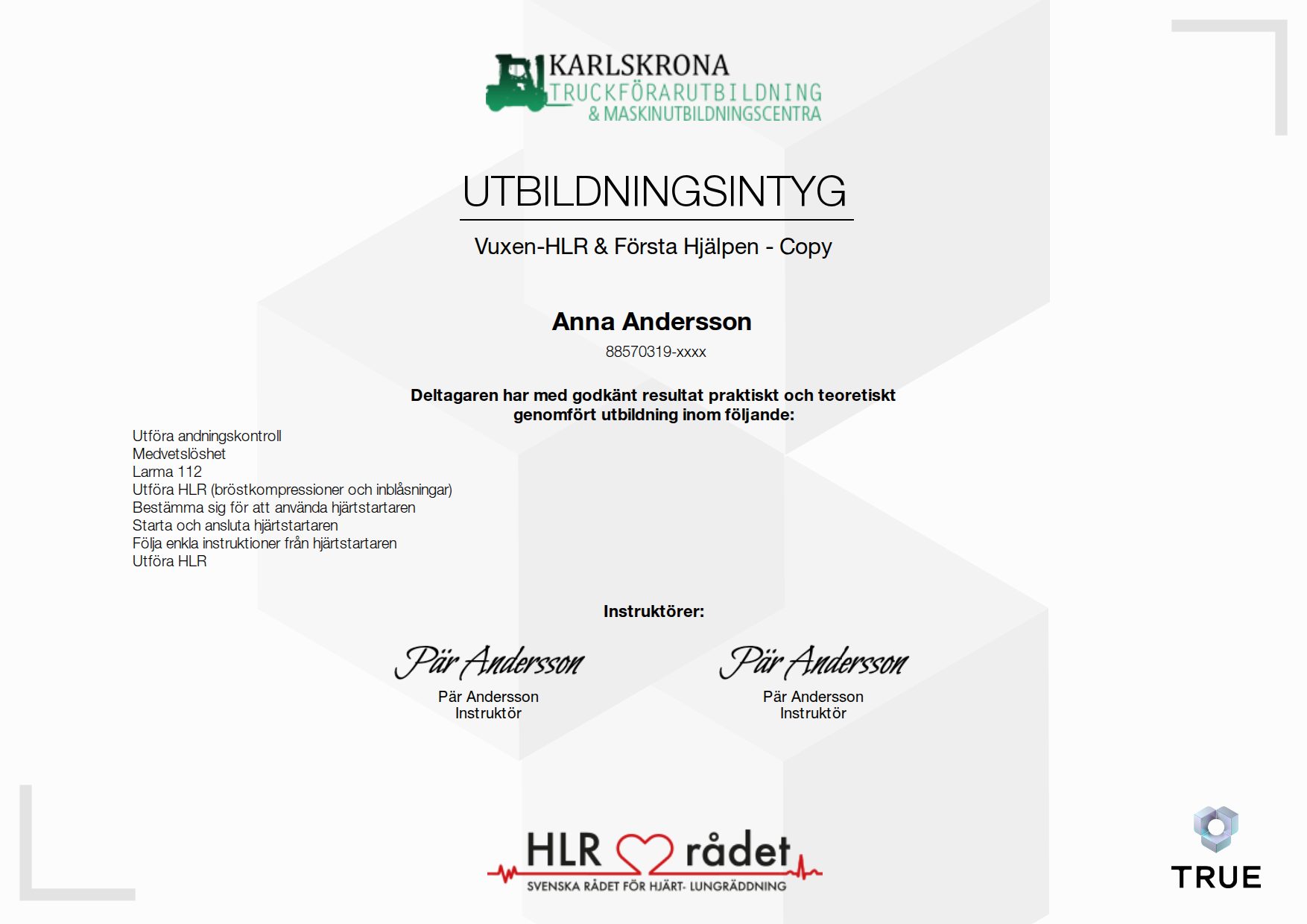 Example certificate for Vuxen-HLR & Första Hjälpen - Copy from Karlskrona Truckförarutbildning