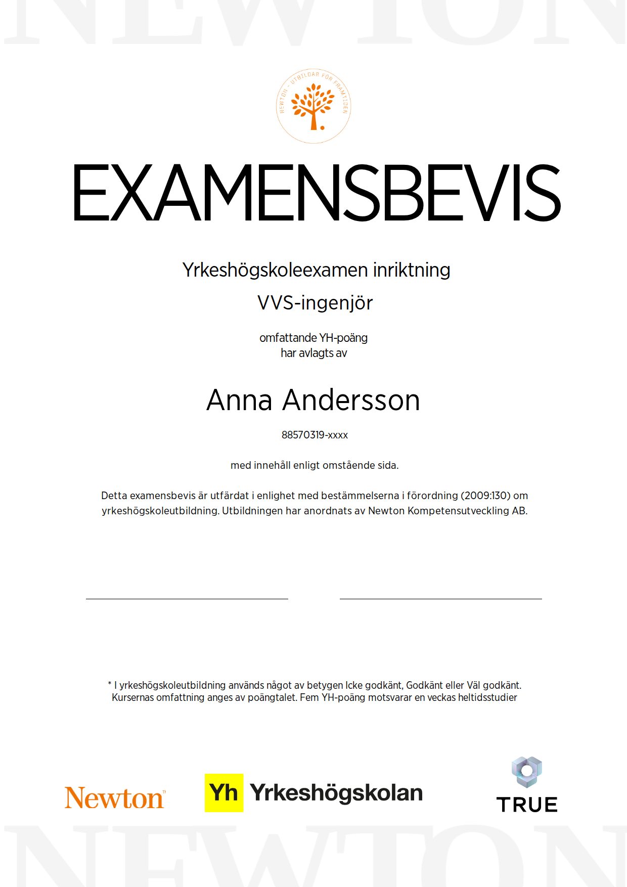 Example certificate for VVS-ingenjör from Newton