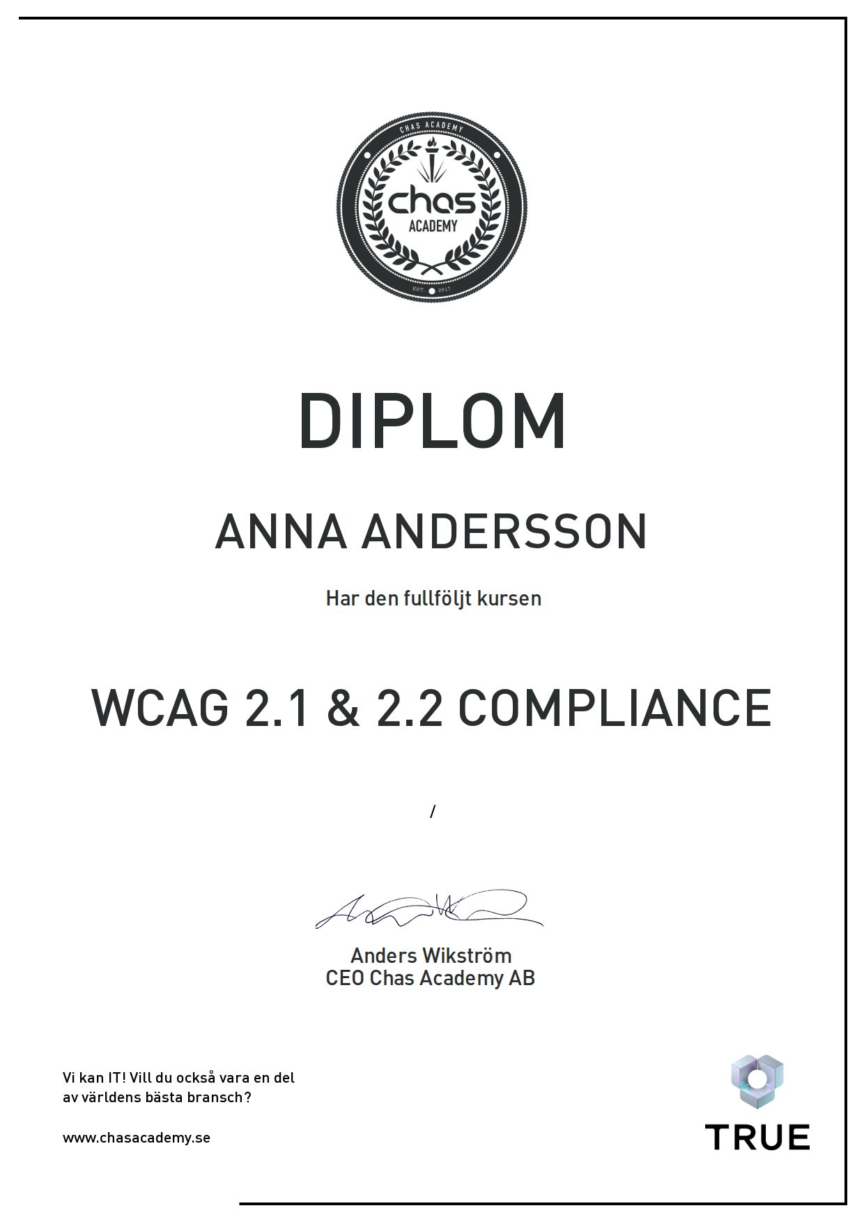 Exempel: diplom för WCAG 2.1 & 2.2 Compliance från Chas Academy AB