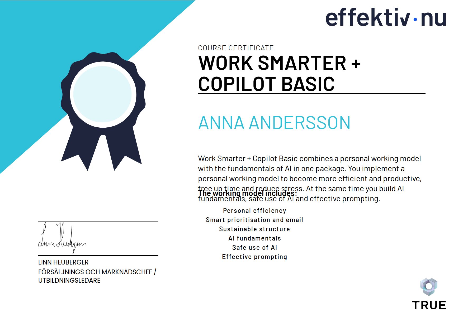Exempel: diplom för Work Smarter + Copilot Basic från Effektiv nu