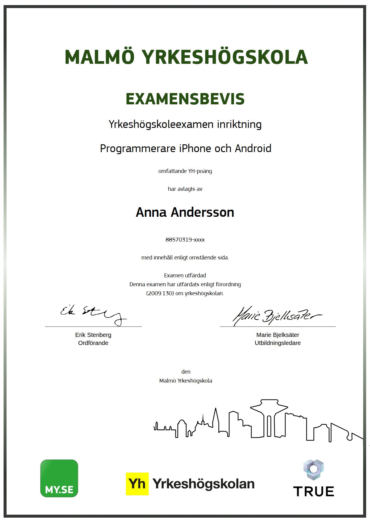 Example certificate for Programmerare iPhone och Android from Malmö Yrkeshögskola