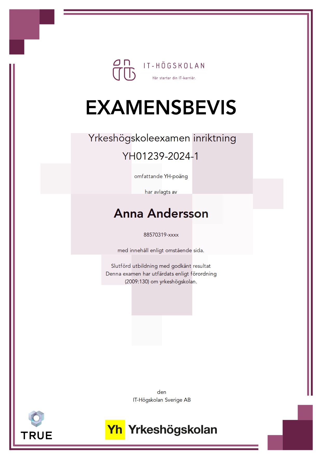 Exempel: diplom för YH01239-2024-1 från IT-Högskolan