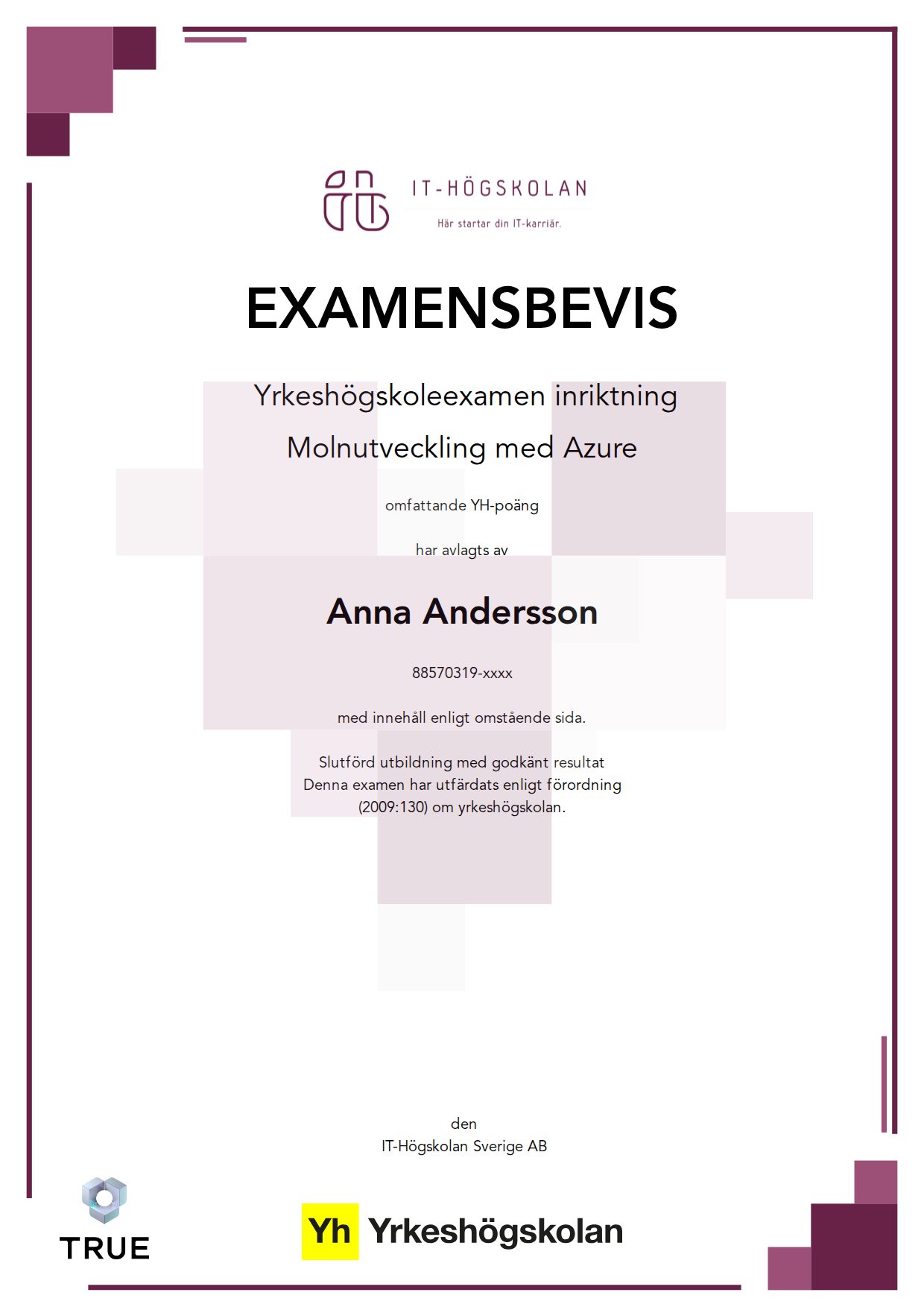 Exempel: diplom för Molnutveckling med Azure från IT-Högskolan